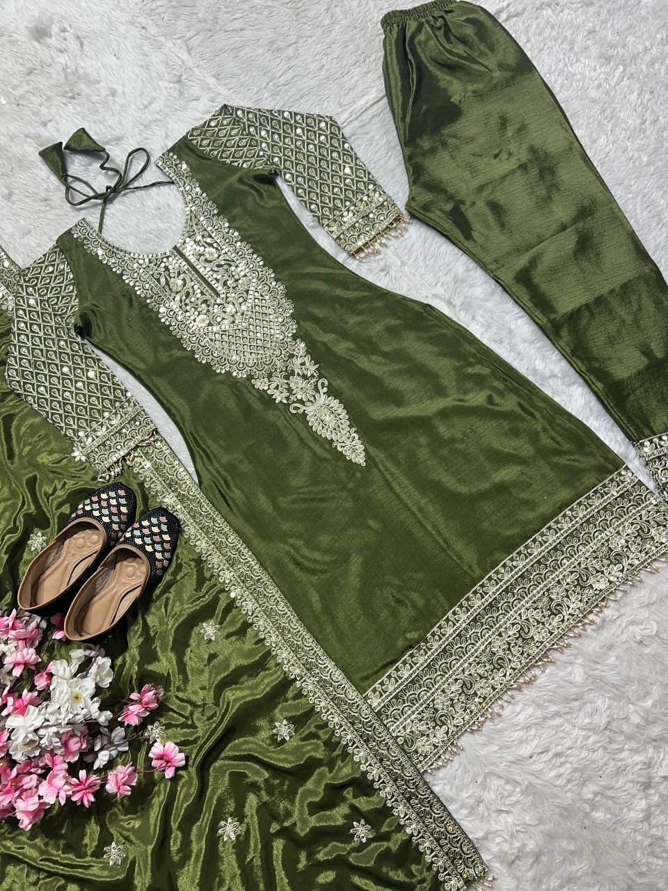 Deep Moss Satin Embellished Set